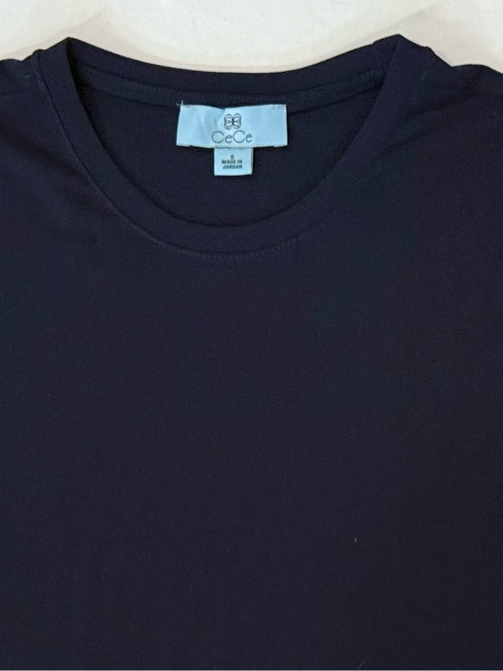 Cece Crew Neck Navy top with Blue Patterned Puff Sleeves Women’s Small - Picture 2 of 6
